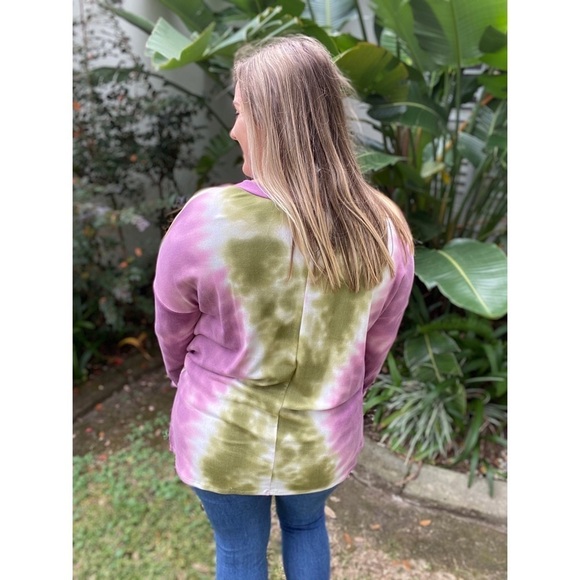Tie Dye Drop Shoulder Long Sleeve V-Neck Split Side Multi 4520 - Picture 6 of 7